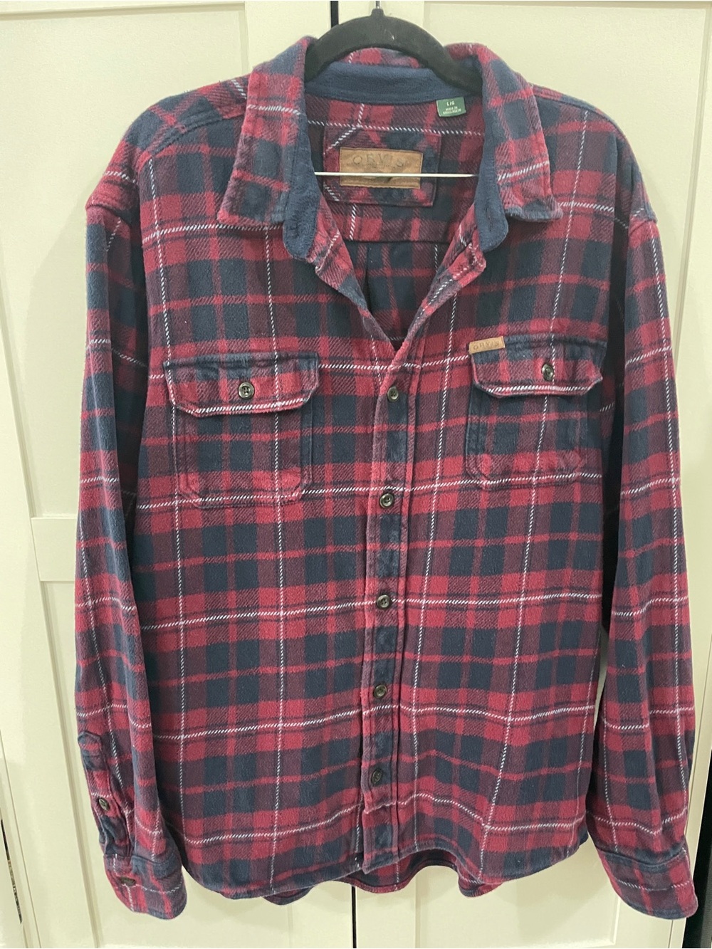 Orvis Red and Navy Plaid Button-Down Flannel Shirt